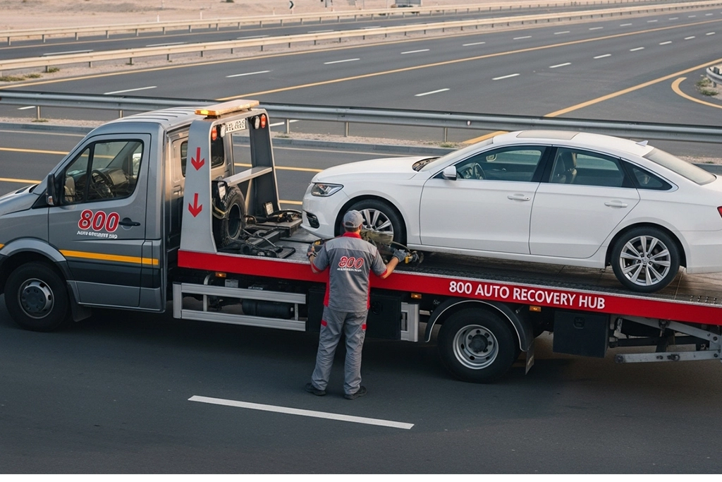 Car recovery service with a recovery truck lifting and securing a vehicle for transport from the roadside.