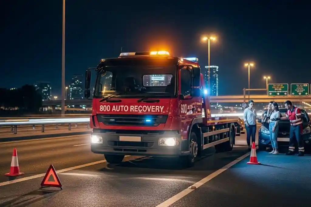 Car recovery truck offering 24/7 roadside assistance in Dubai for breakdowns and emergencies