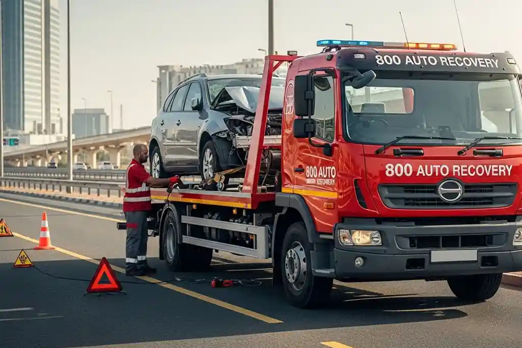 Accident recovery truck towing a damaged vehicle with cones marking the recovery area.