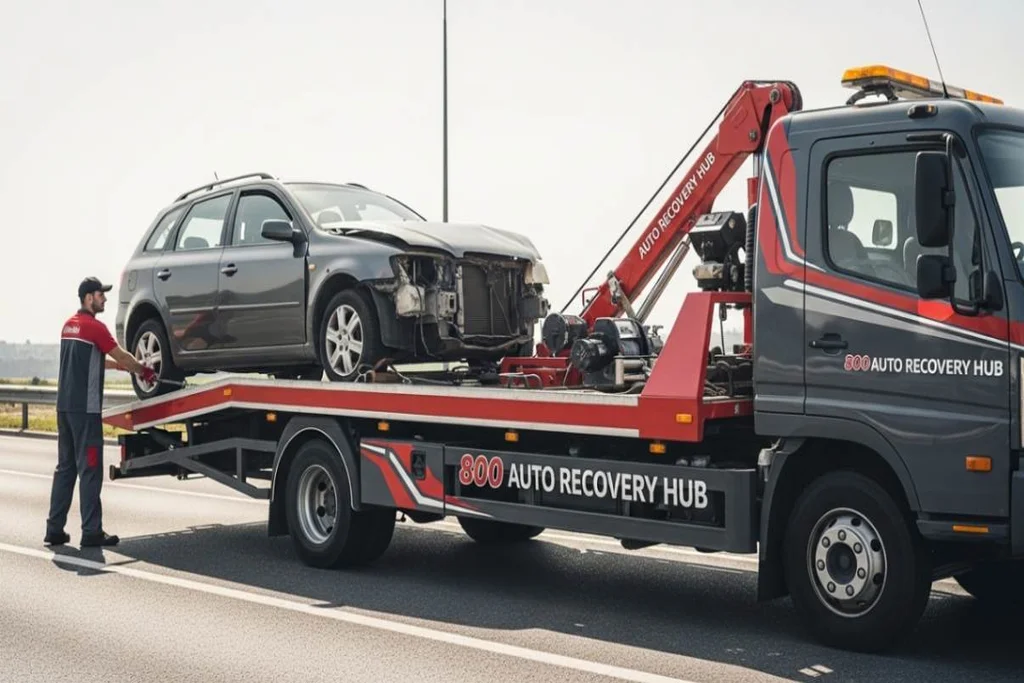 Accident-damaged or immobilized car being recovered by a flatbed tow truck with professional handling.