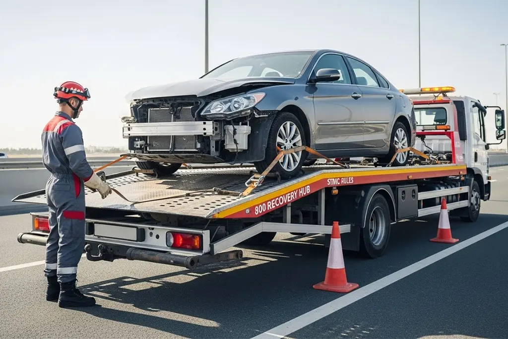 Accident-damaged vehicle transport using secure loading and controlled movement after a collision.