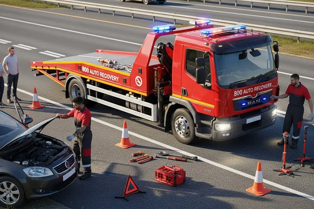 Car breakdown recovery scene showing a tow truck and technicians assisting a stopped vehicle on the roadside.