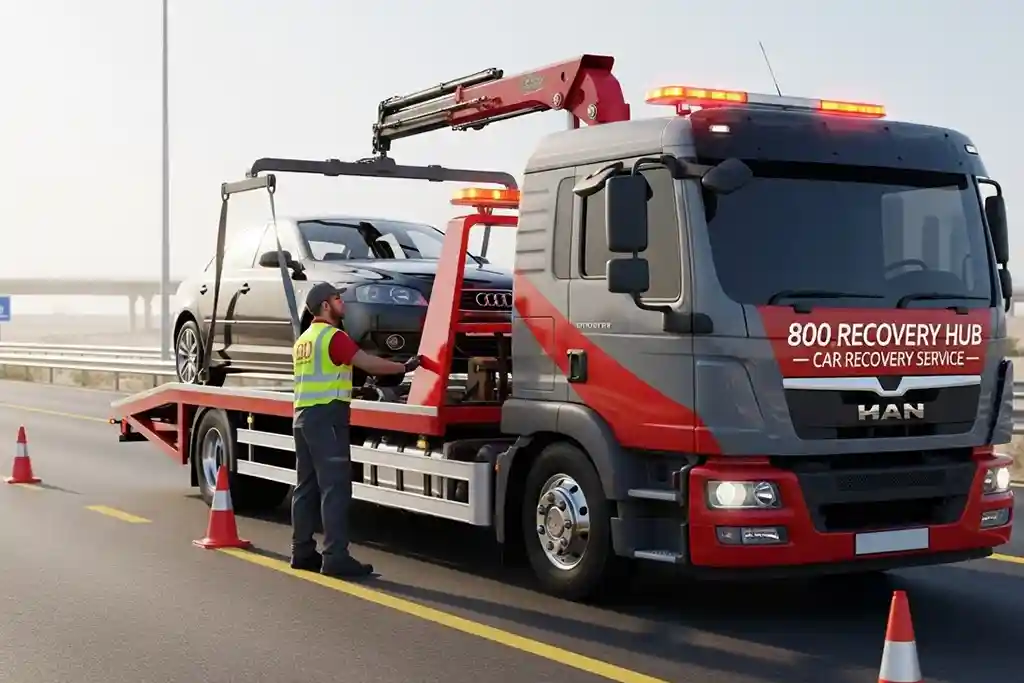 Car recovery service with a tow truck lifting a vehicle for transport from the roadside.