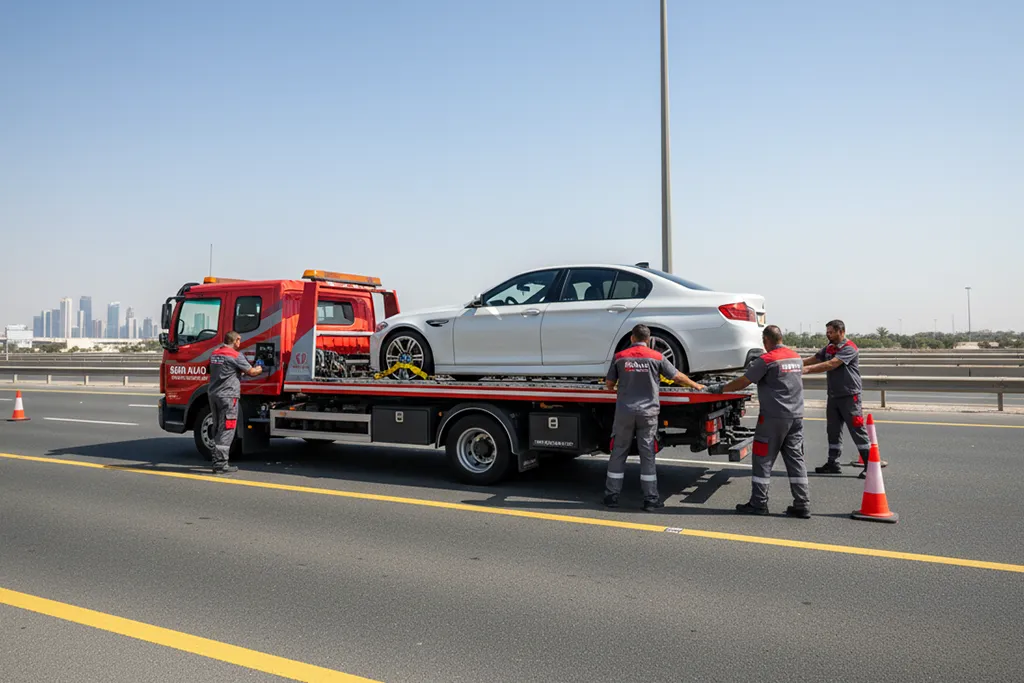 Car recovery service with a tow truck lifting a vehicle for transport from a roadside location.