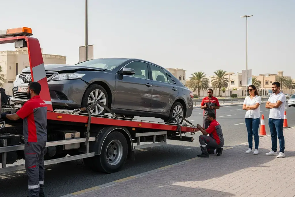 Damaged car being loaded onto a flatbed tow truck by recovery technicians in an urban area.
