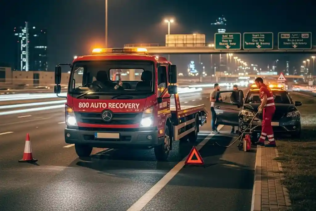 Emergency car recovery service on Dubai highways, providing urgent roadside assistance for breakdowns