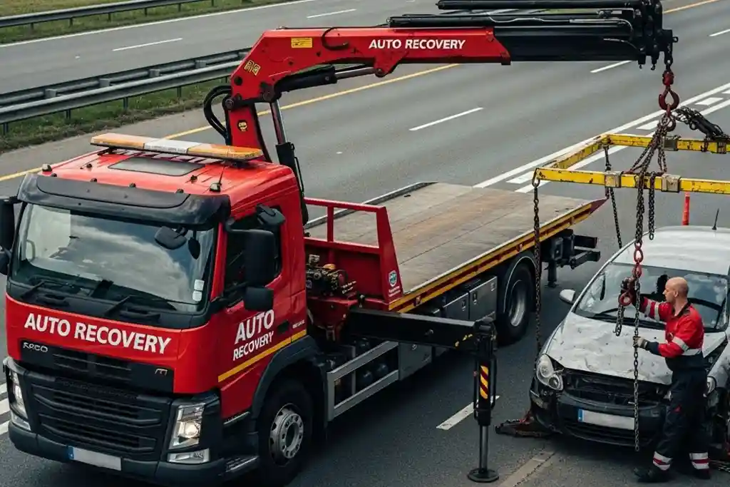 Flatbed car recovery service in Dubai, ideal for luxury cars and low-clearance vehicles.