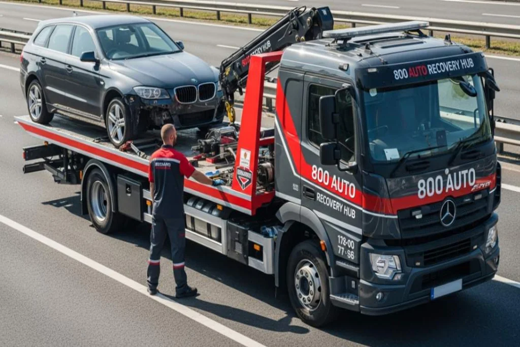 Flatbed tow truck safely loading a vehicle for secure transport after a breakdown.