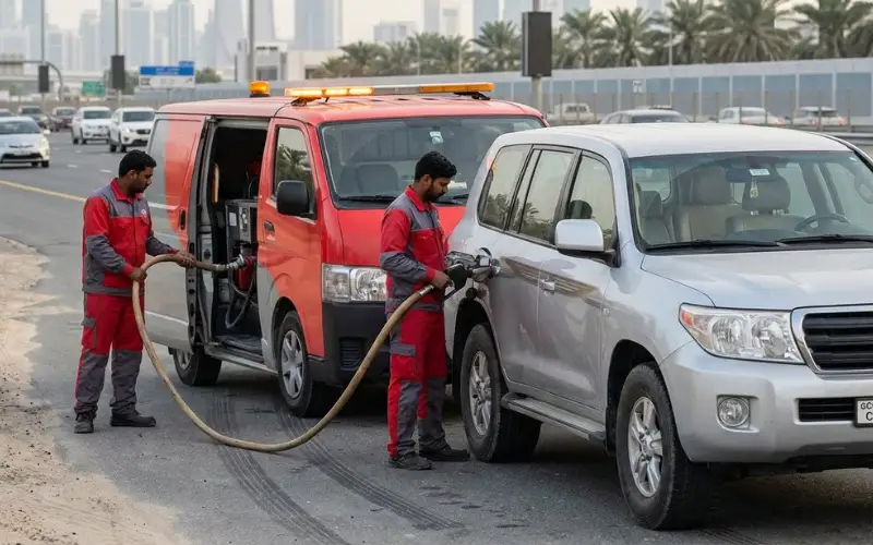 Fuel delivery service providing fuel to a stranded vehicle on the roadside with safety measures in place.
