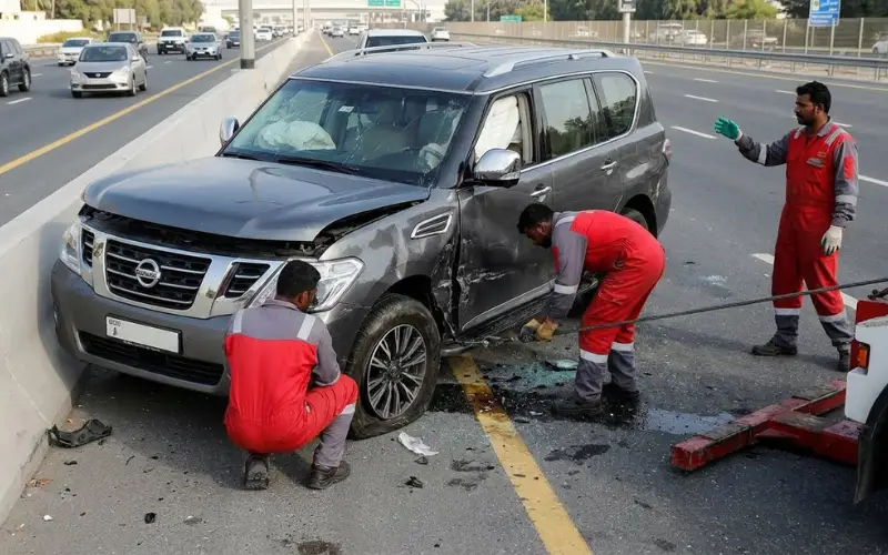 Heavily damaged and immobilized vehicle being secured for recovery and transport.