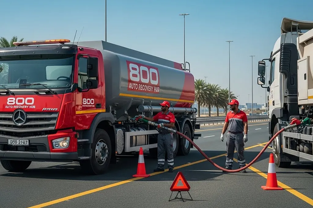 High-quality diesel fuel being delivered to a heavy vehicle on the roadside by a fuel delivery truck.