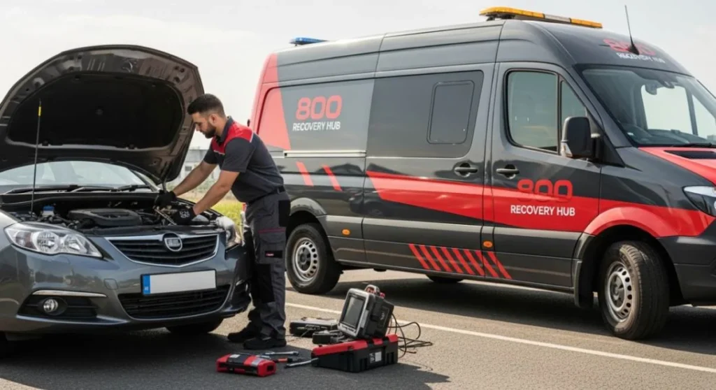 Technician performing on-site inspection and minor repair on a vehicle during roadside assistance.