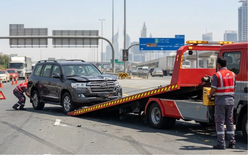 Roadside accident recovery securing and removing a collision-affected vehicle from traffic lanes.