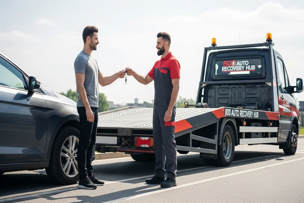 Vehicle being safely unloaded from a tow truck with a technician ensuring secure handover.