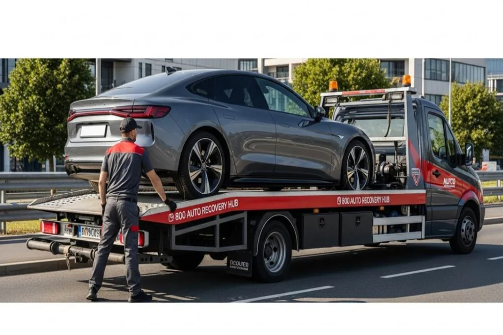 Vehicle securely loaded and strapped onto a flatbed tow truck for safe transport.