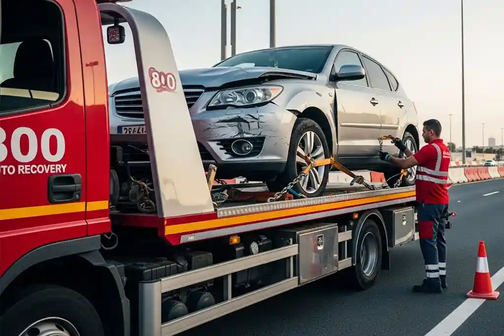 Vehicle securely loaded and strapped on a flatbed truck for safe towing.