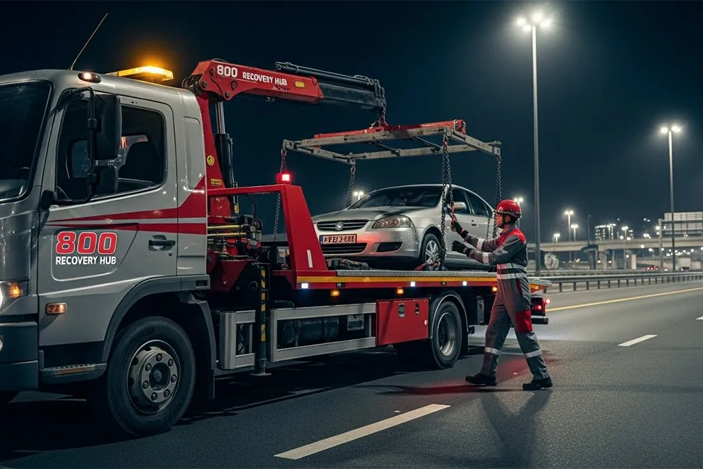 Professional car towing truck loading a vehicle at night in the UAE, with a trained technician ensuring safe handling.