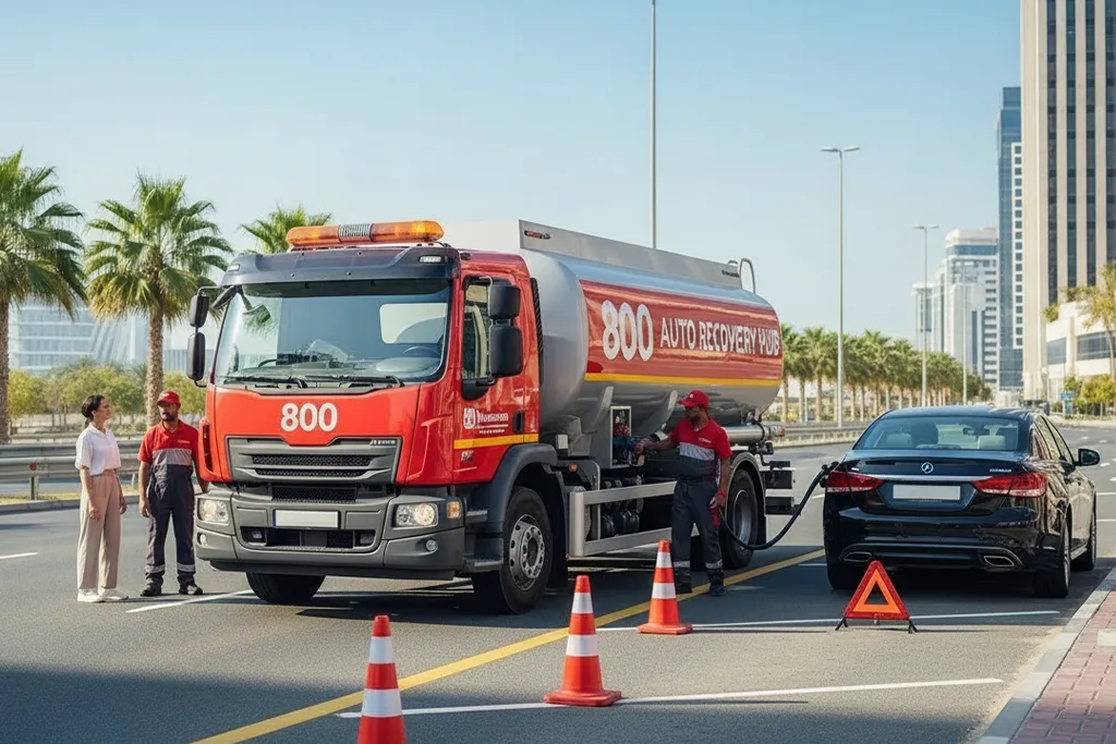 Fuel delivery truck providing emergency fuel to a vehicle on the roadside, with safety cones marking the area.
