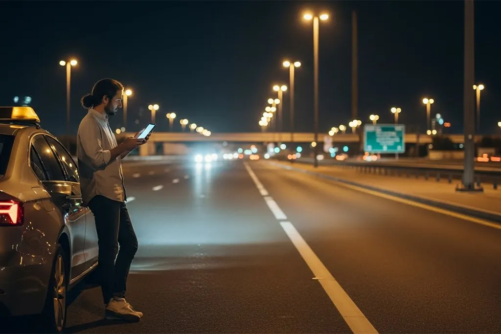 Driver standing beside a broken-down car at night, sharing live location on a phone to request jump start assistance.