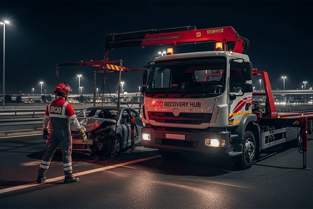 Accident car towing truck transporting a damaged vehicle with safety straps and certified technicians securing it.