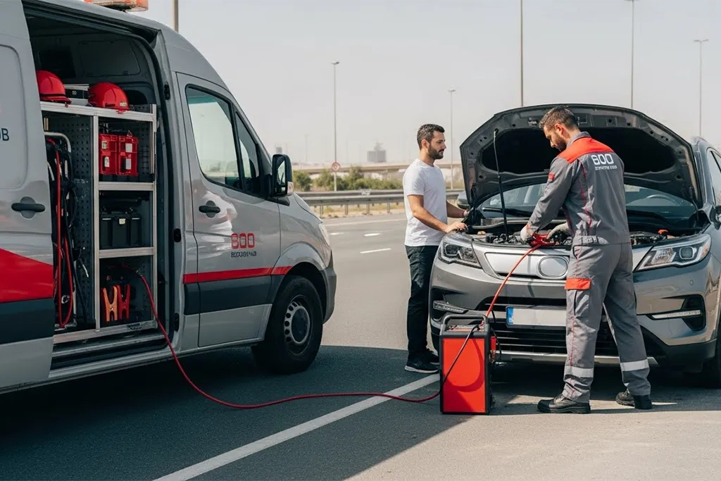 Jump start service providing quick battery boost to get your car running again.