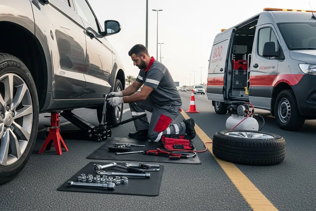 Technician repairing a flat tyre on the roadside using professional tools and equipment.