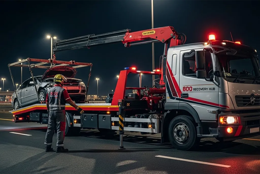 Flatbed car recovery truck loading a vehicle securely for damage-free transport at night.