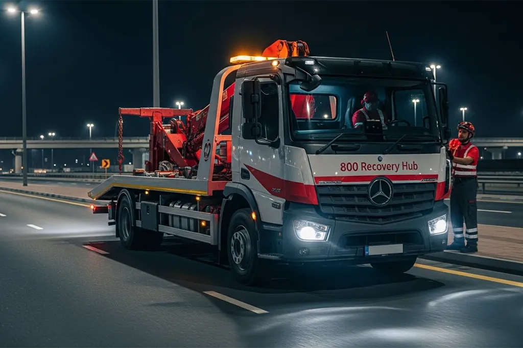 Tow truck driving on a highway at night, dispatched for car towing with warning lights on.