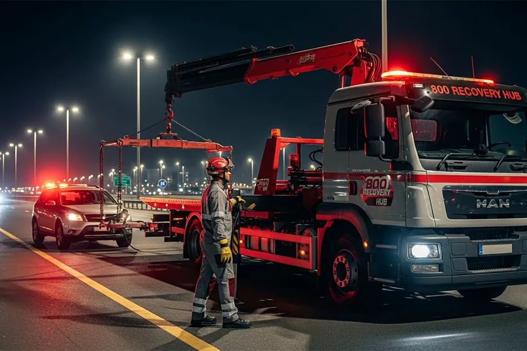Professional car recovery truck assisting a vehicle at night in the UAE, with a certified recovery operator managing the roadside operation.